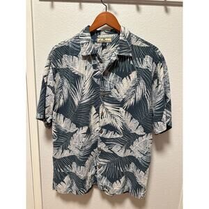 Tommy Bahama Silk Camp Shirt, Blue Tropical Leaf Pattern, Men’s Medium